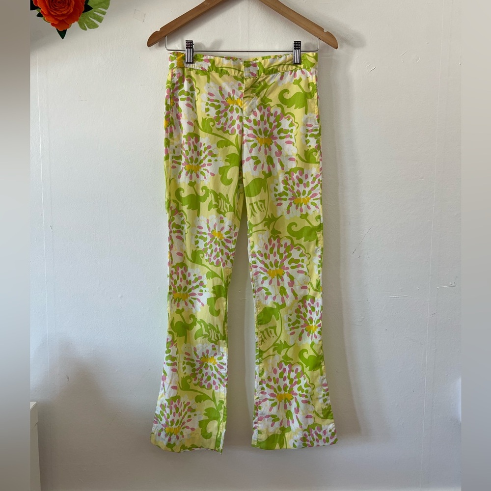 EUC Lilly Pulitzer 12Y floral bootcut pants lime pink yellow belt loops